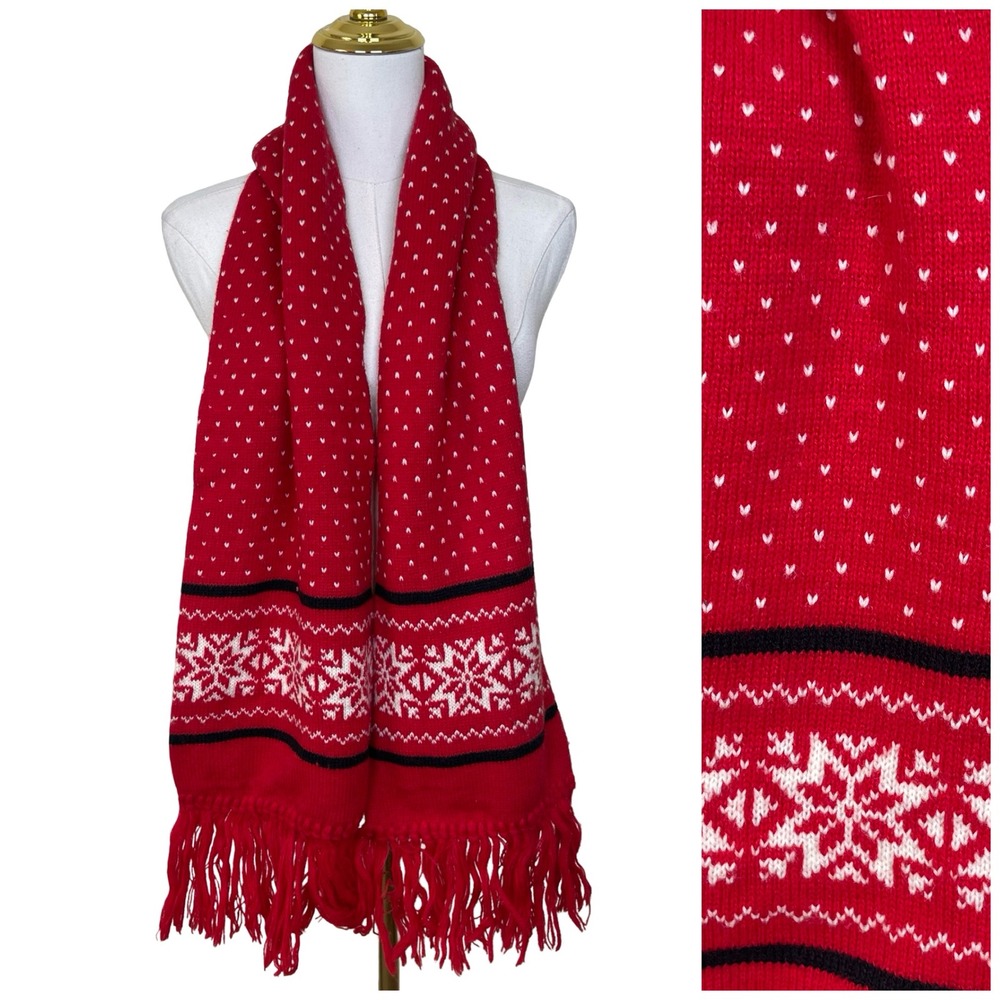 Vintage Eddie Bauer Women's Red Wool Hearts‎ Fair Isle Scarf Thick Fringe